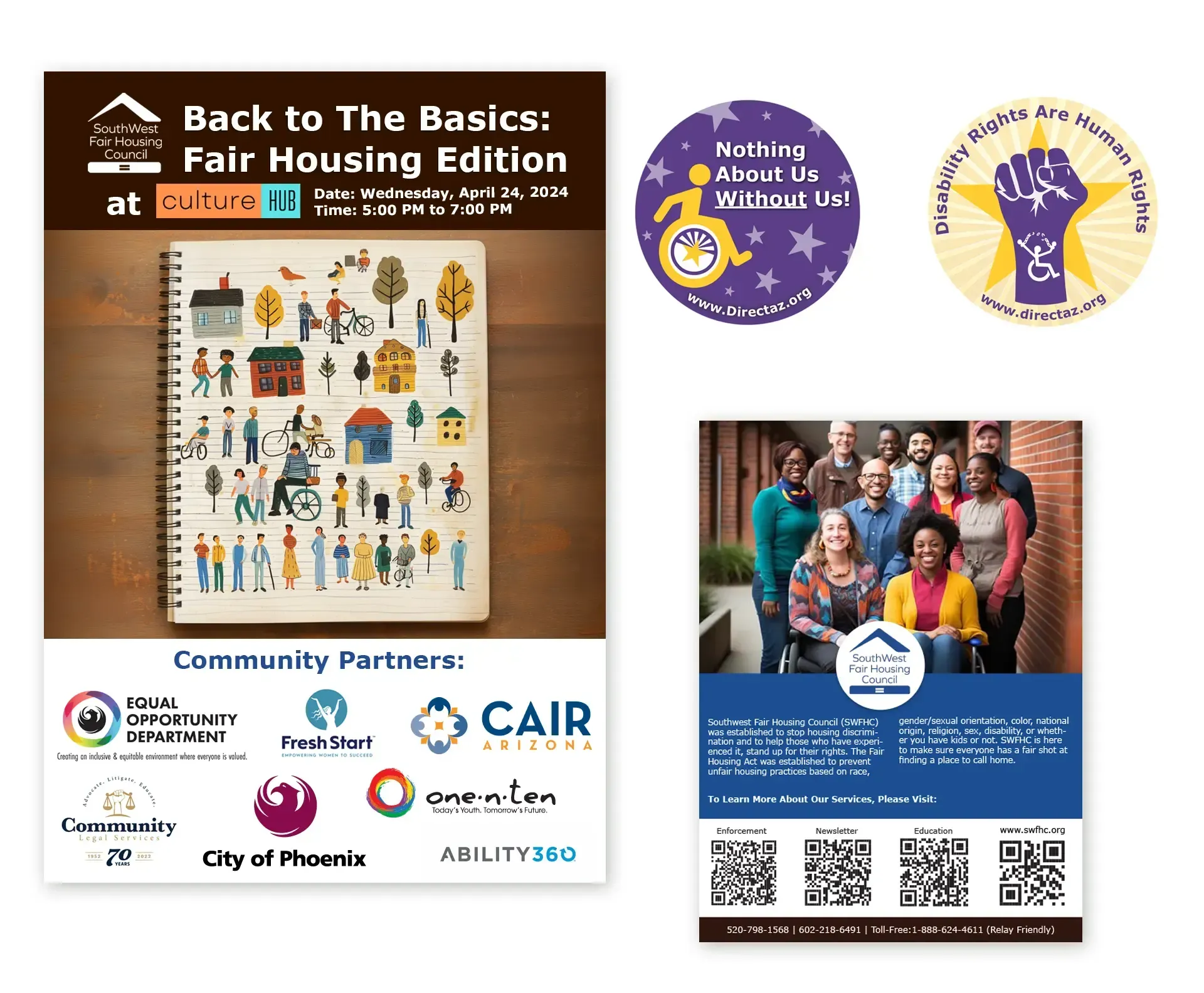Flyer for fair housing event. Includes community partners' logos and a photo of diverse people.