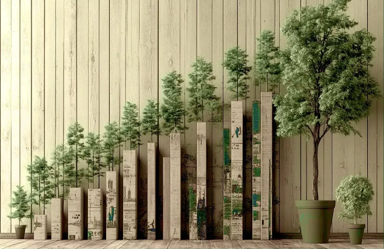 A wooden wall with a row of potted plants growing out of it.