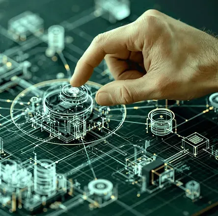 Hand touching a glowing digital circuit interface with futuristic network graphics