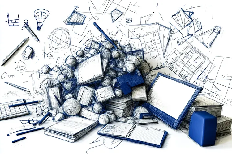 A pile of books , papers , and drawings on a white background.