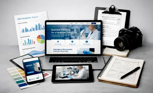 Desk with laptop, smartphone, tablet, notebook, clipboard, and camera showing a business website.