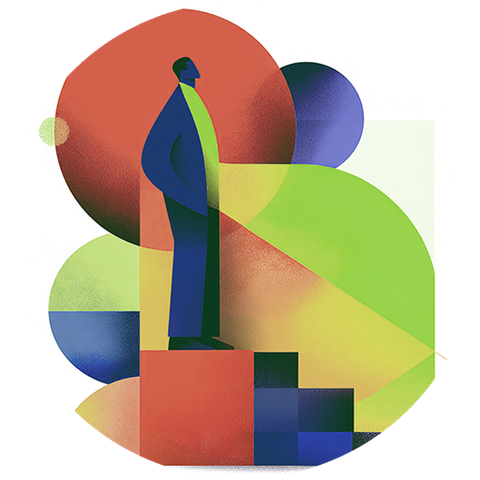 Person on a red block, looking up with hands in pockets. Geometric shapes in the background, mostly green and blue.