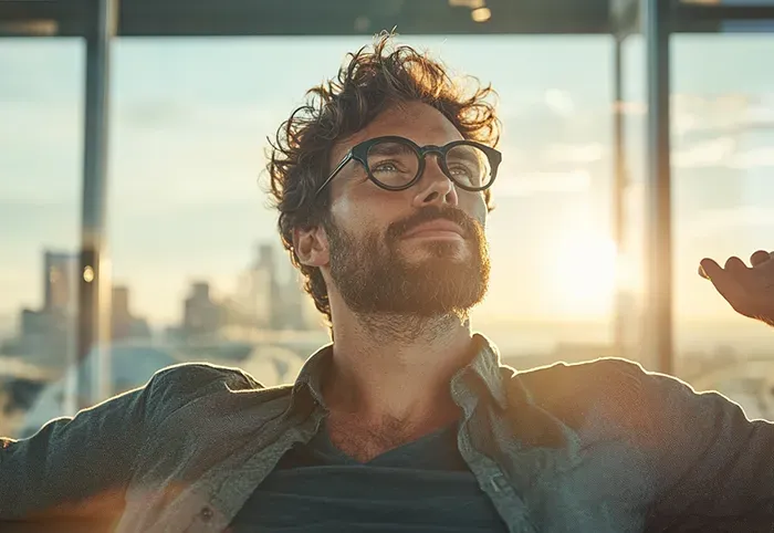 A man with a beard and glasses is sitting in front of a window.