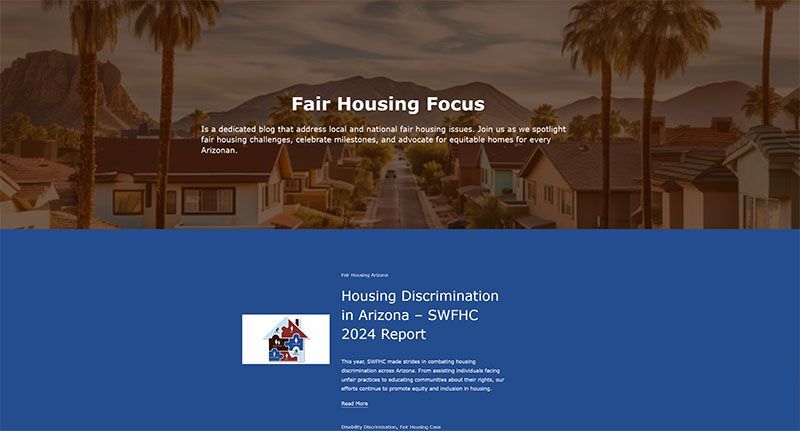 A screenshot of a fair housing blog with a picture of houses and palm trees.