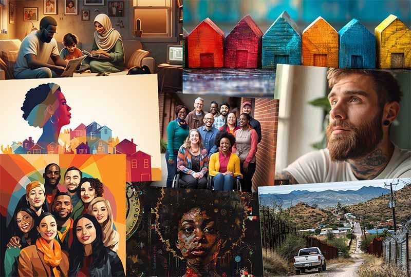 A collage of custom AI pictures for a fair housing client to use in Blogs, webpages, Newsletters, advertisements, etc.