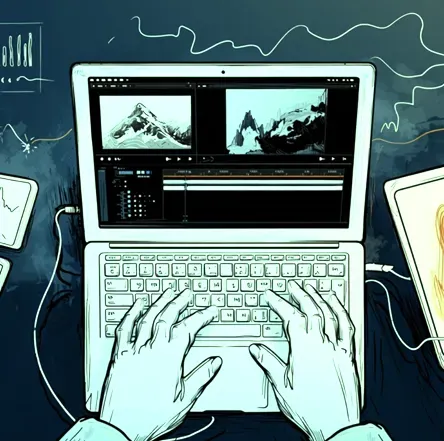 Hands typing on a laptop showing video editing software with snowy mountain clips on screen.