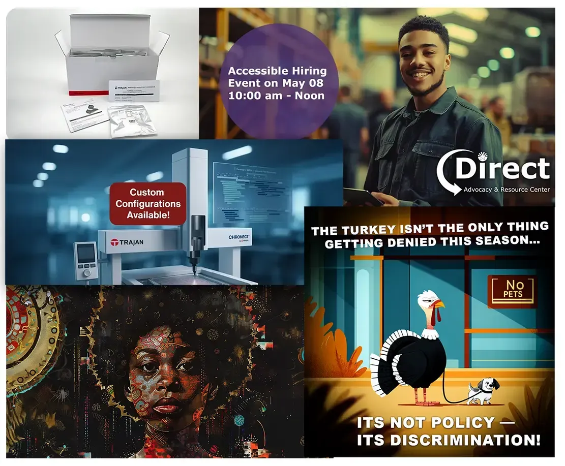Collage with hiring event announcement, a machine, and a cartoon about discrimination.
