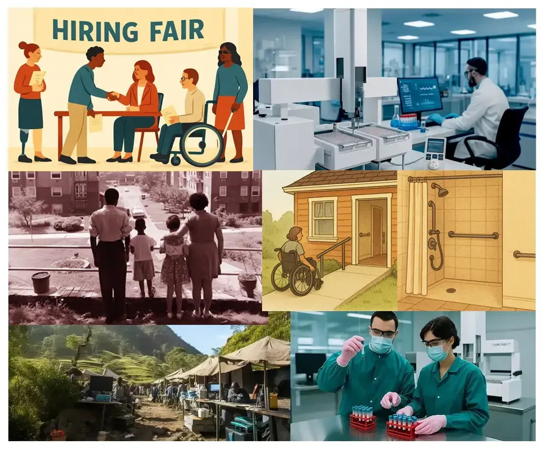 Collage of hiring, office work, outdoor scene, home exterior, market, and masked workers handling samples