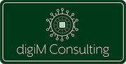 DigiM Consulting logo on dark green background with a circular tech icon and white border