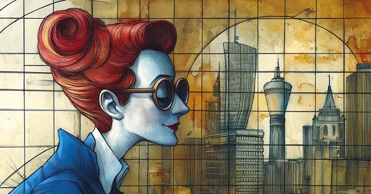 A painting of a woman with red hair wearing sunglasses and a blue jacket.