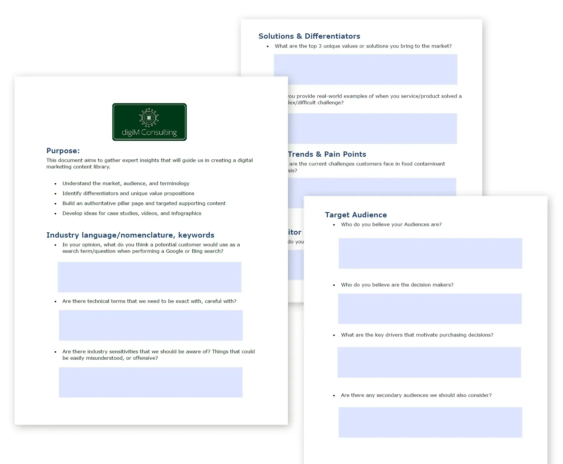 White papers with text fields, a logo, and questions for gathering information.