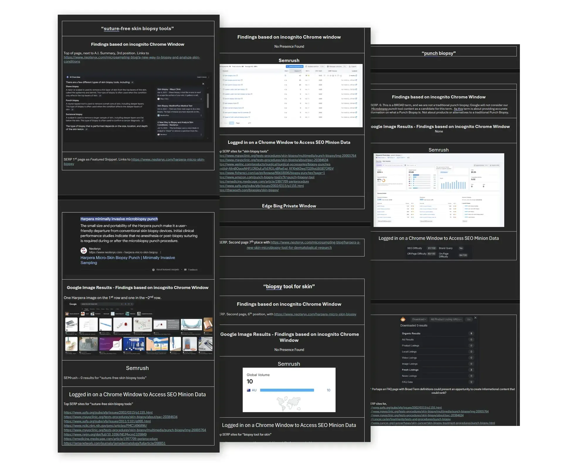 Multiple screenshots of a dark-themed document, likely code examples, data visualizations, and text, possibly related to software or web development.
