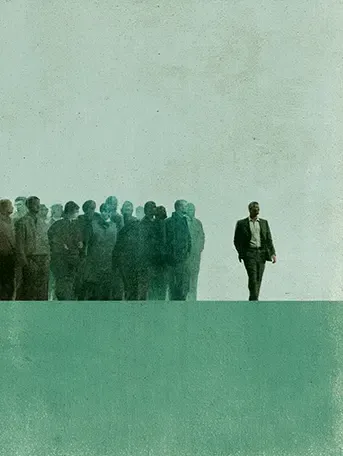 A fractional marketing consultant walks beside a crowd of agency employees. A minimalist green and gray background.