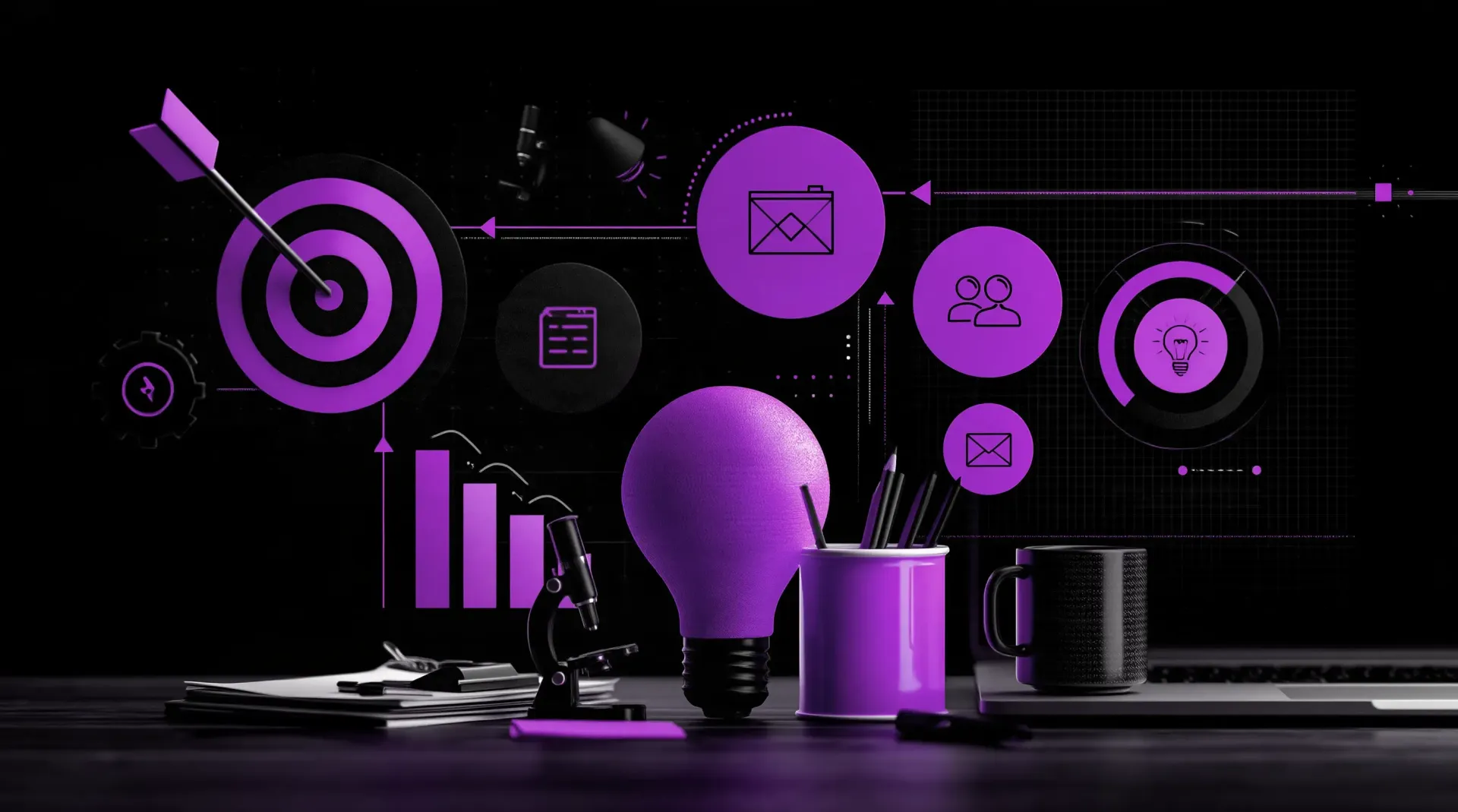Purple digital marketing workspace with target icon, lightbulb, charts, and app icons on a dark background