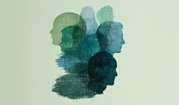 Abstract overlapping human profiles in teal, green, and blue on a light background. denoting the various roles a Fractional marketing employee can assume.