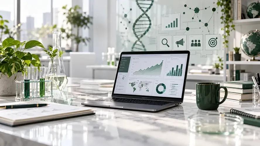 Bright office desk with laptop showing charts, glassware, plants, and data graphics in a sunlit workspace