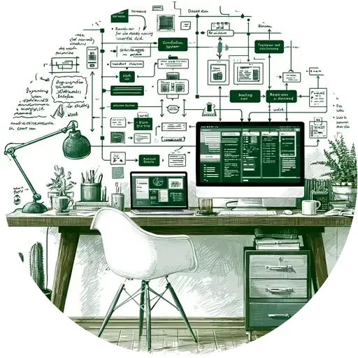 Green-tinted desk with dual monitors, laptop, notes, lamp, and plants in a tidy modern workspace