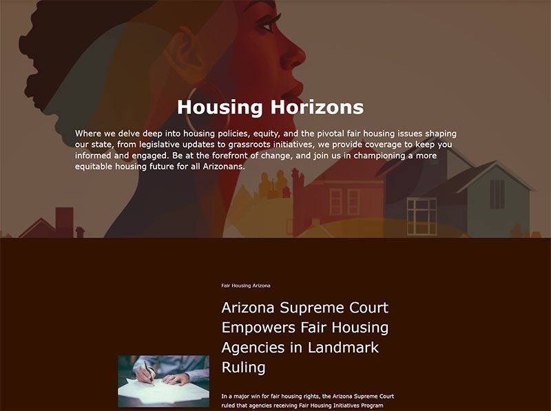 A website for housing horizons shows a woman signing a document