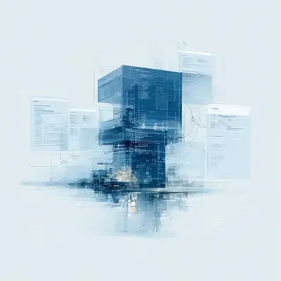 Abstract blue digital cubes and interface panels on a white background depicting custom HubDB modules to serve as site-wide library itmes