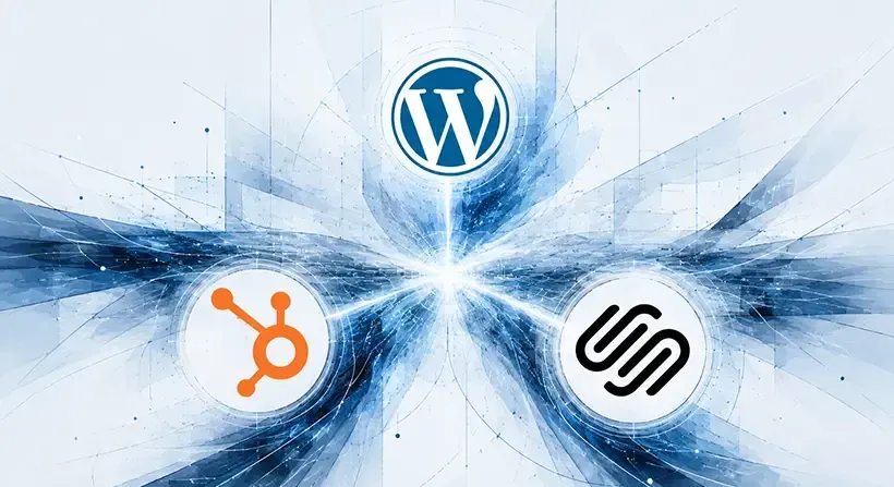 WordPress, HubSpot, and Squarespace logos battle. Blue energy on a white background.