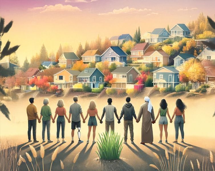 A group of people are holding hands in front of a row of houses.