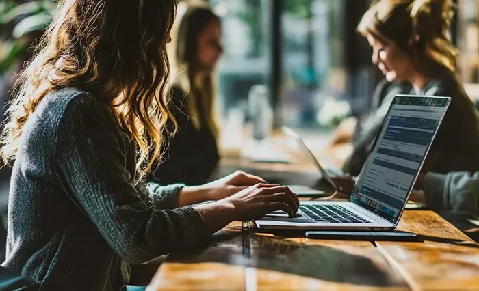 a young women working remotely in a cafe