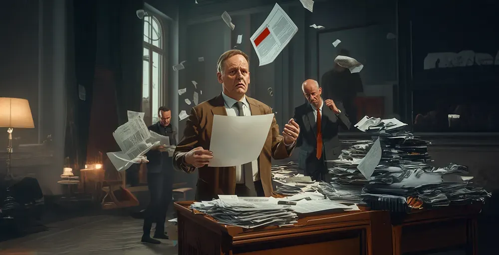 A man in a suit and tie is standing in front of a desk with papers flying around him.