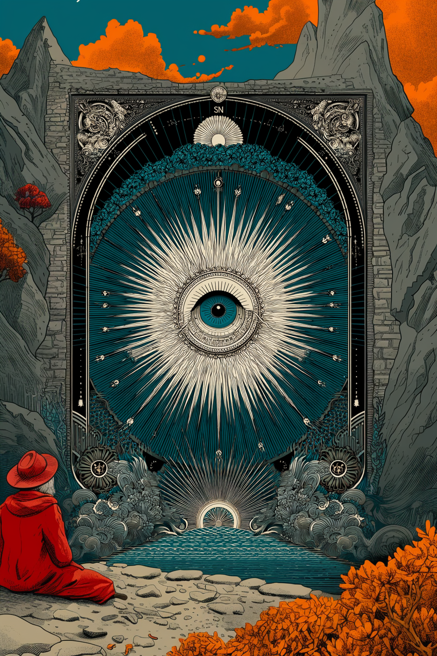 Person in red robe gazes at an ornate portal with an eye at its center, set in a mountain landscape.