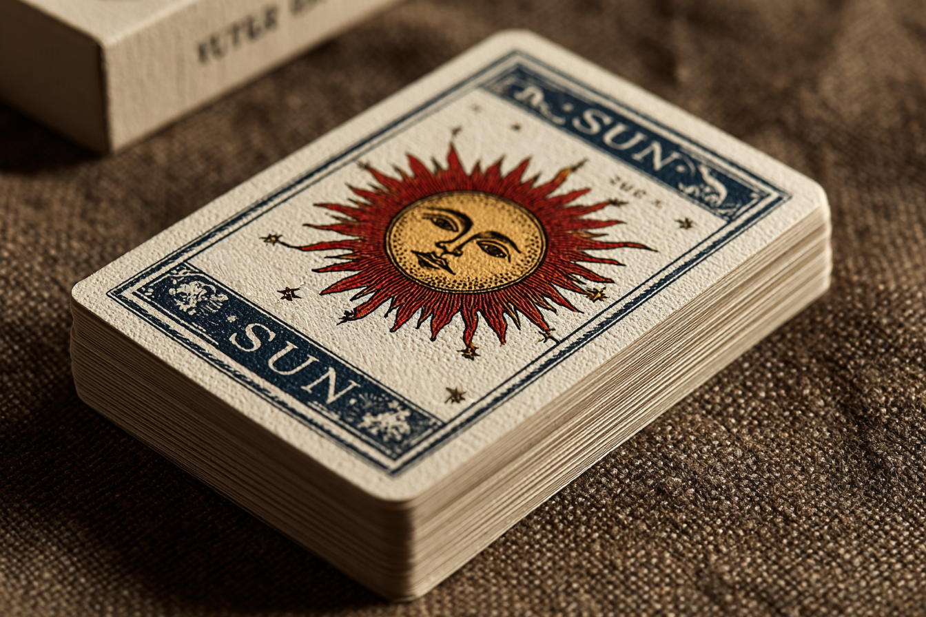 Deck of tarot cards, top card shows a sun with a face, radiating red and gold rays, set on a textured surface.