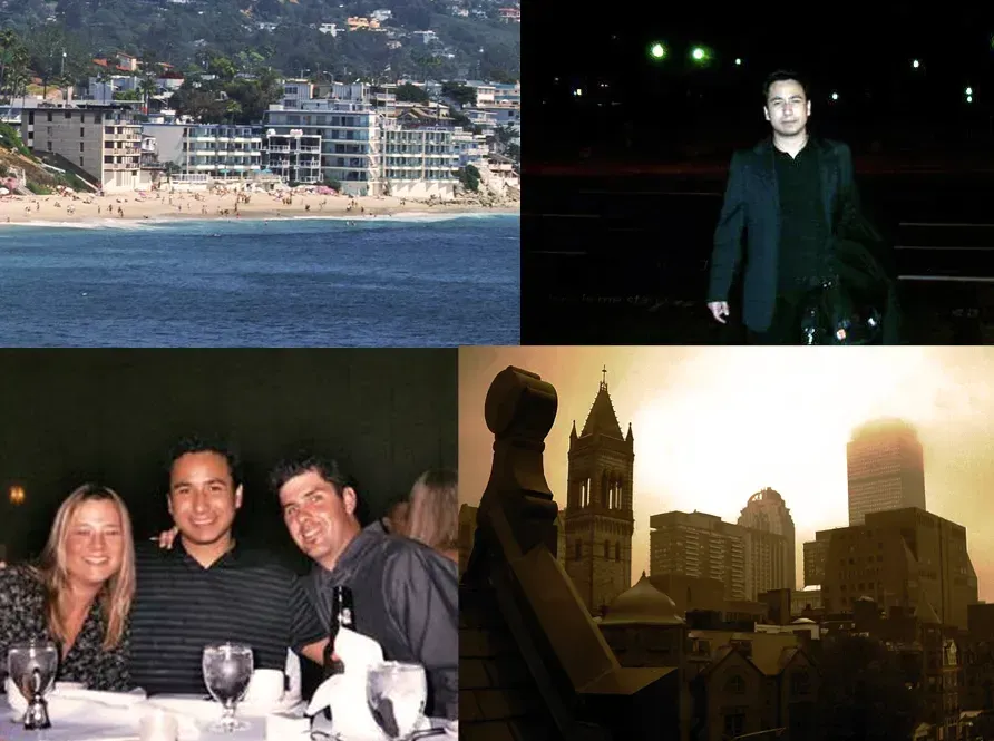 A coastal view of Laguna Beach. Joe Cashman in sport coat in Boston. In the lower right Back Bay Boston. In the lower left Joe Cashman with friends.
