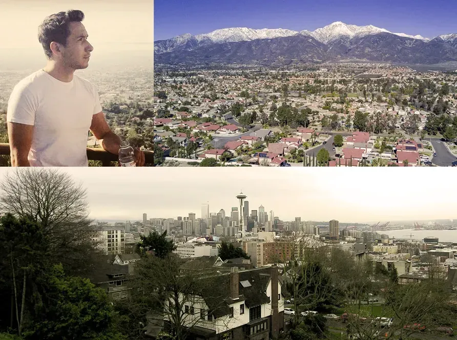 Upper left corner Joe Cashman in a white t-shirt overlooking a city.  Top right corner an arial shot of Mount Baldy. Bottom image arial shot of Seattle. 