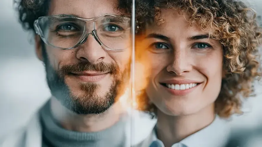 Split portrait of two smiling people, one with glasses and curly hair, divided by a glowing vertical line.