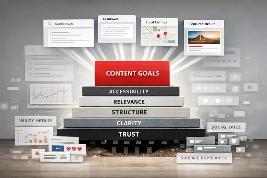 Infographic of content strategy pyramid with “Content Goals,” “Accessibility,” “Relevancy,” “Structure,” “Clarity,” and “Trust.”
