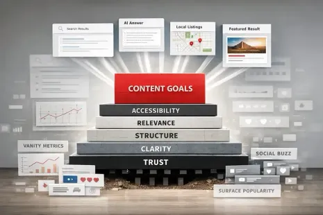 Infographic of content strategy pyramid with “Content Goals,” “Accessibility,” “Relevancy,” “Structure,” “Clarity,” and “Trust.”