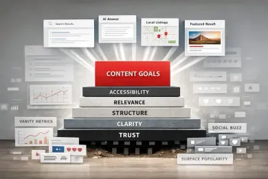 Stack of labeled blocks showing content goals, accessibility, relevance, structure, clarity, and trust in a web design concept