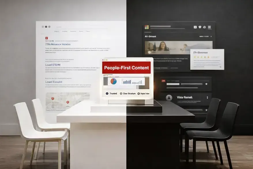 Desktop workspace with floating web page mockups and a laptop on a desk, promoting “Useful Content”