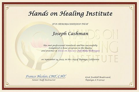 Certificate of Completion for Myofascial Release Therapy, awarded to Joseph R. Cashman, highlighting advanced techniques in myofascial release for enhanced wellness.