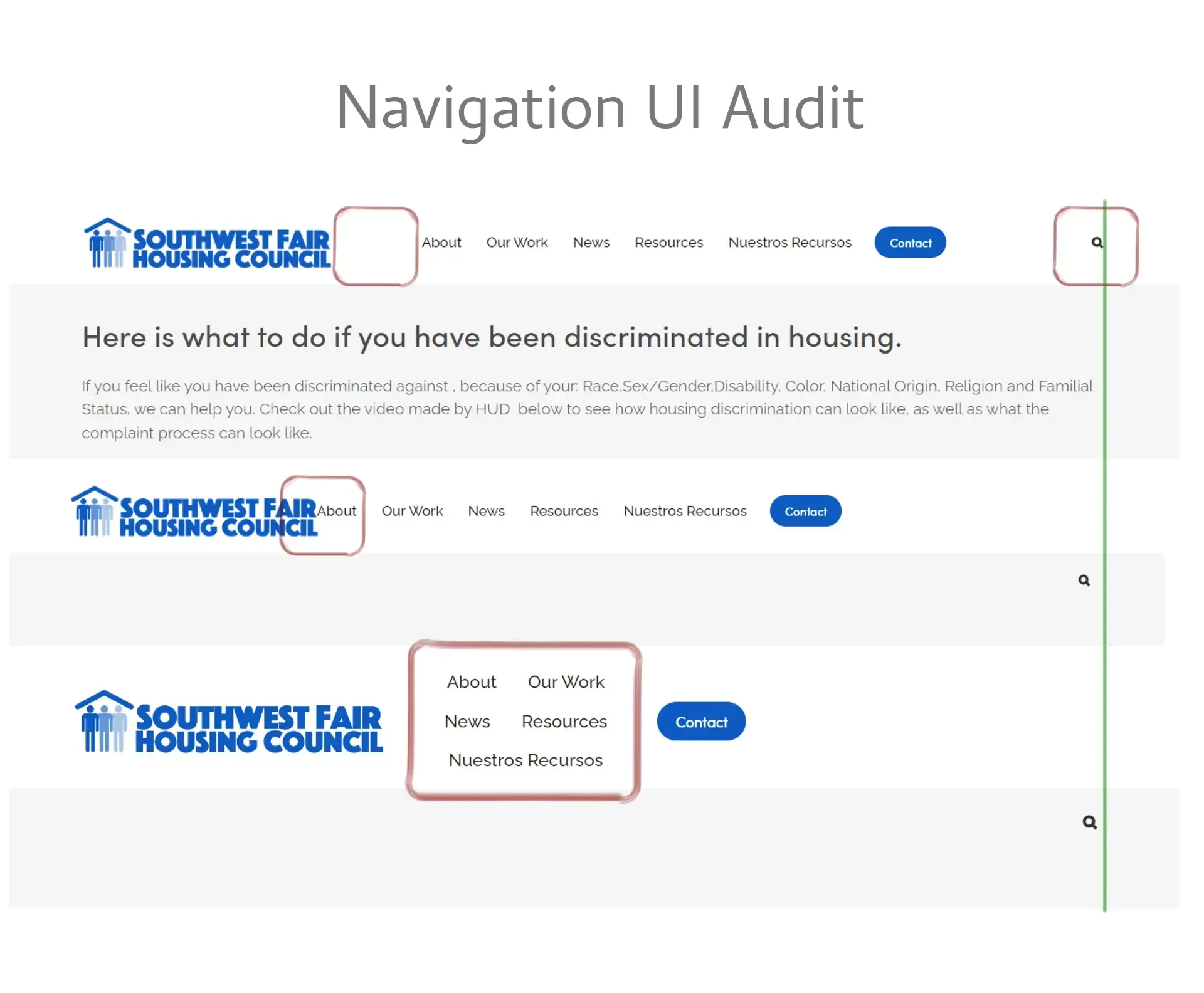 Navigation UI audit of a website with navigation elements.