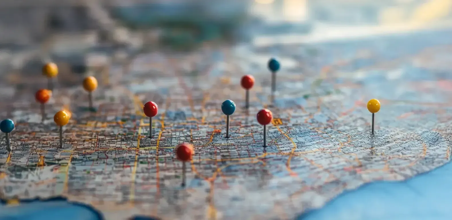 A close up of a map with pins on it.