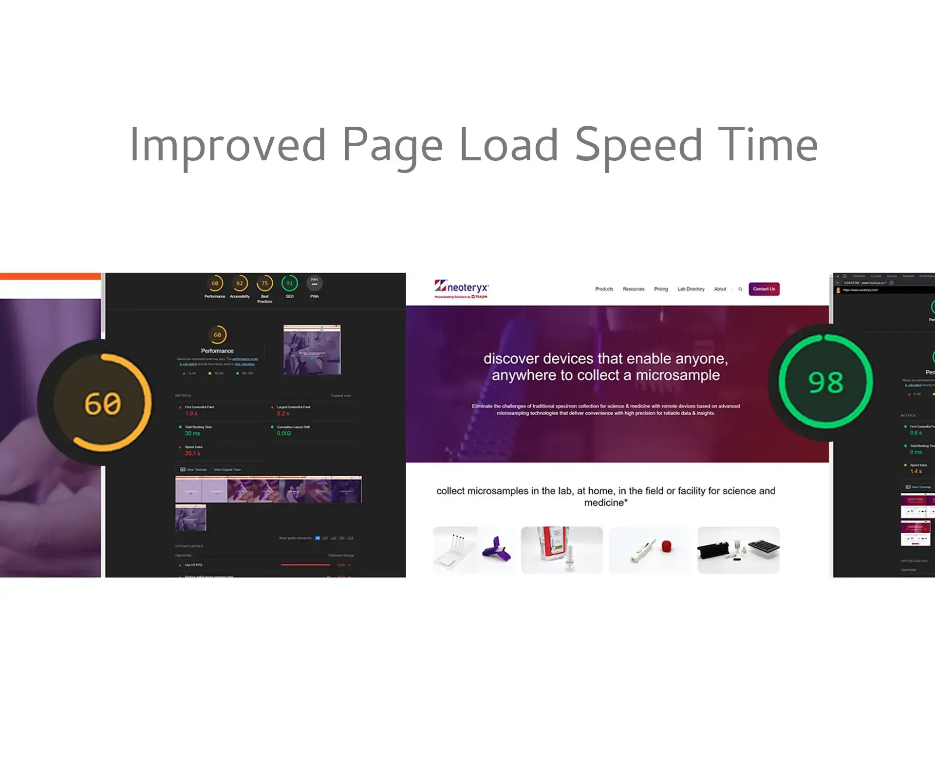 Improved page load speed graphic showing websites with load speed scores of 60 and 98.