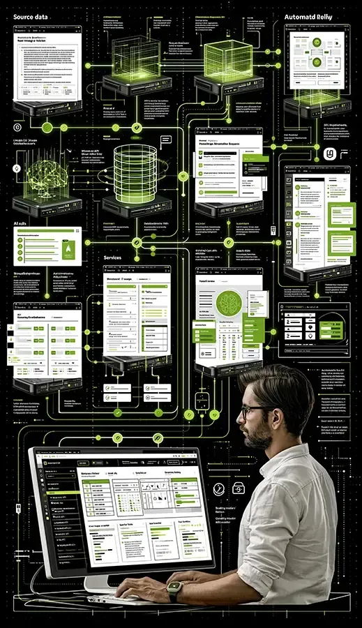 Designer viewing a futuristic dashboard of glowing green UI wireframes and interface mockups on a dark wall