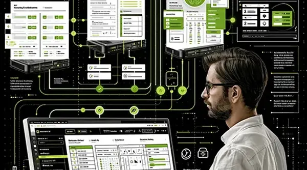Person studies a futuristic dashboard of connected data screens in a dark tech workspace