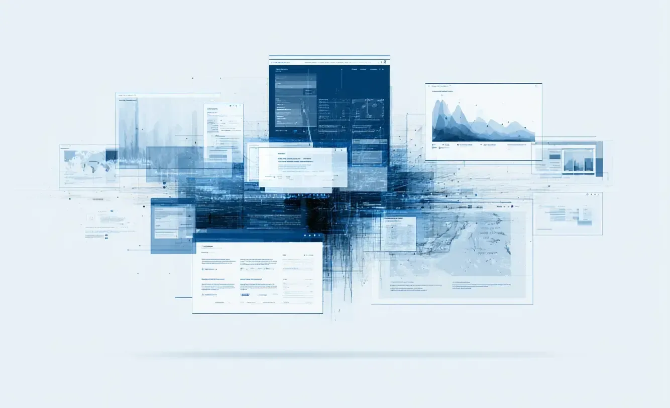 Collage of blue-toned analytics dashboards and charts on a white background