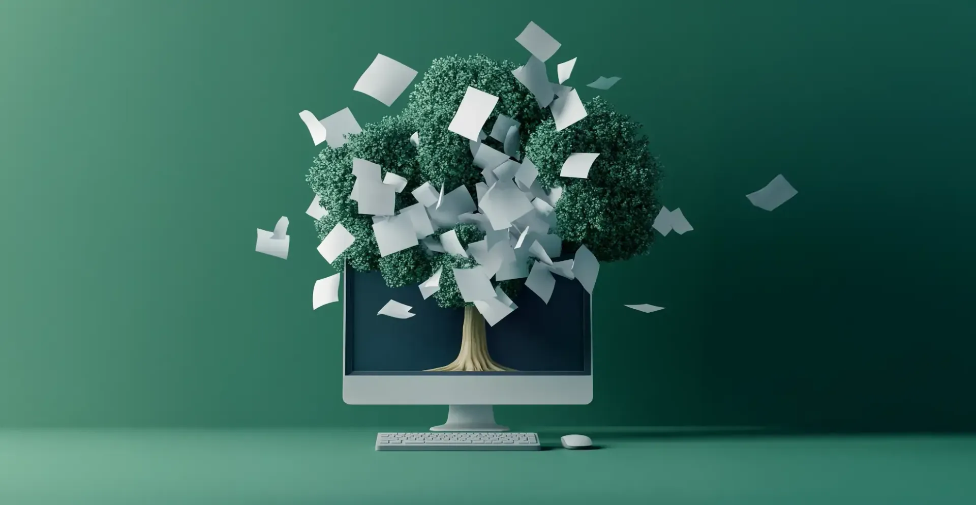 A computer monitor with a tree growing out of it, papers swirl out of the tree.