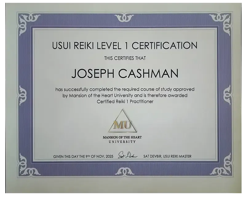 Certificate of Completion for Myofascial Release Therapy, awarded to Joseph R. Cashman, highlighting advanced techniques in myofascial release for enhanced wellness.