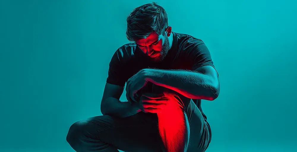 A man is kneeling down and holding his knee in pain.