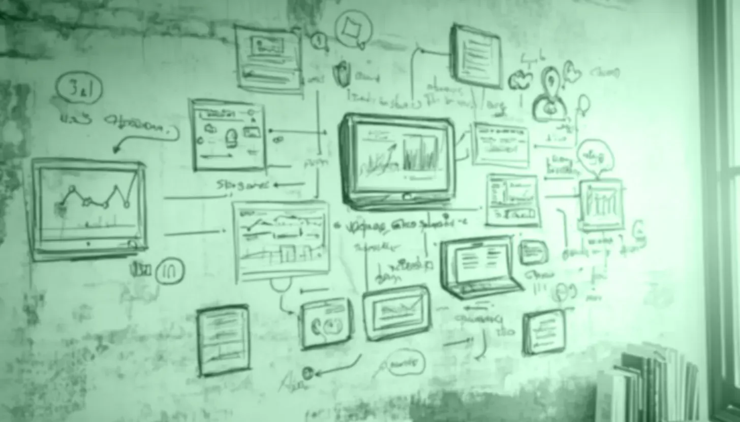 a wall with various pencil doodles of various digital marketing accessories and tools 