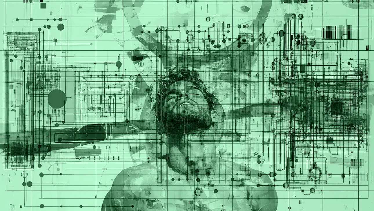 A man surrounded by technology as if in a prison