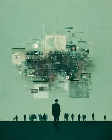 Silhouetted people beneath a floating chaotic collage of various digital marketing activities, in the distance we see an in-house advertising team of people walking around aimlessly.