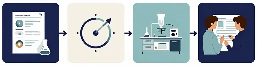 Document, target icon, laboratory equipment, and two people reviewing a paper stack.